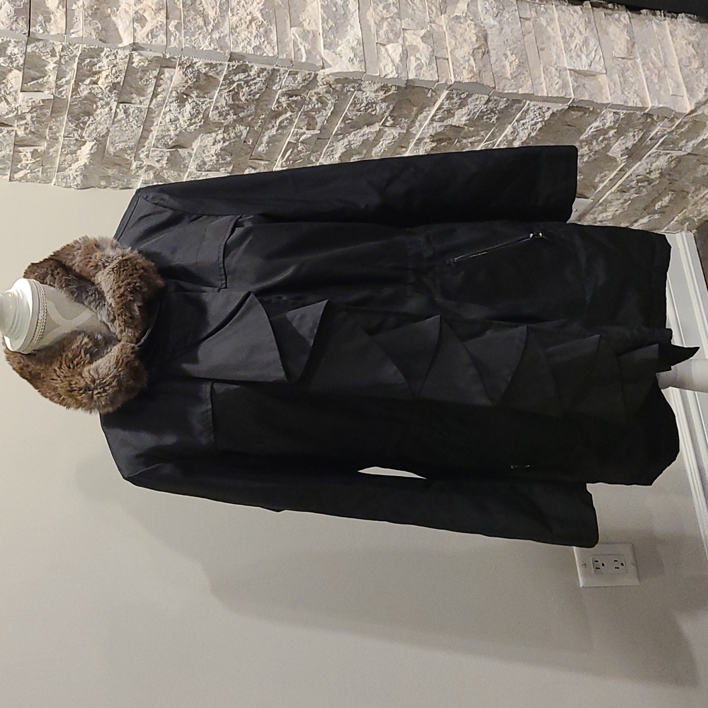 Tahari black nylon jacket with removable rabbit fur trim